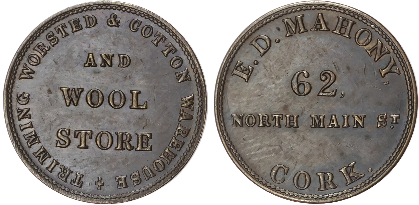 Cork, Denis Hegarty, ( vintner, spirits dealer and publican ) Farthing (late 1840s), same three-line legend bo…