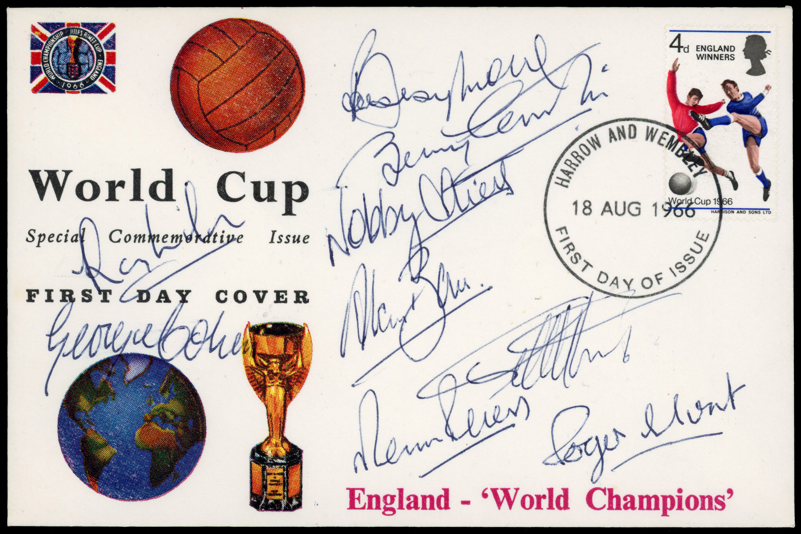 GB 1966 (18 Aug) World Cup Winners first day cover bearing an almost complete set of signatures