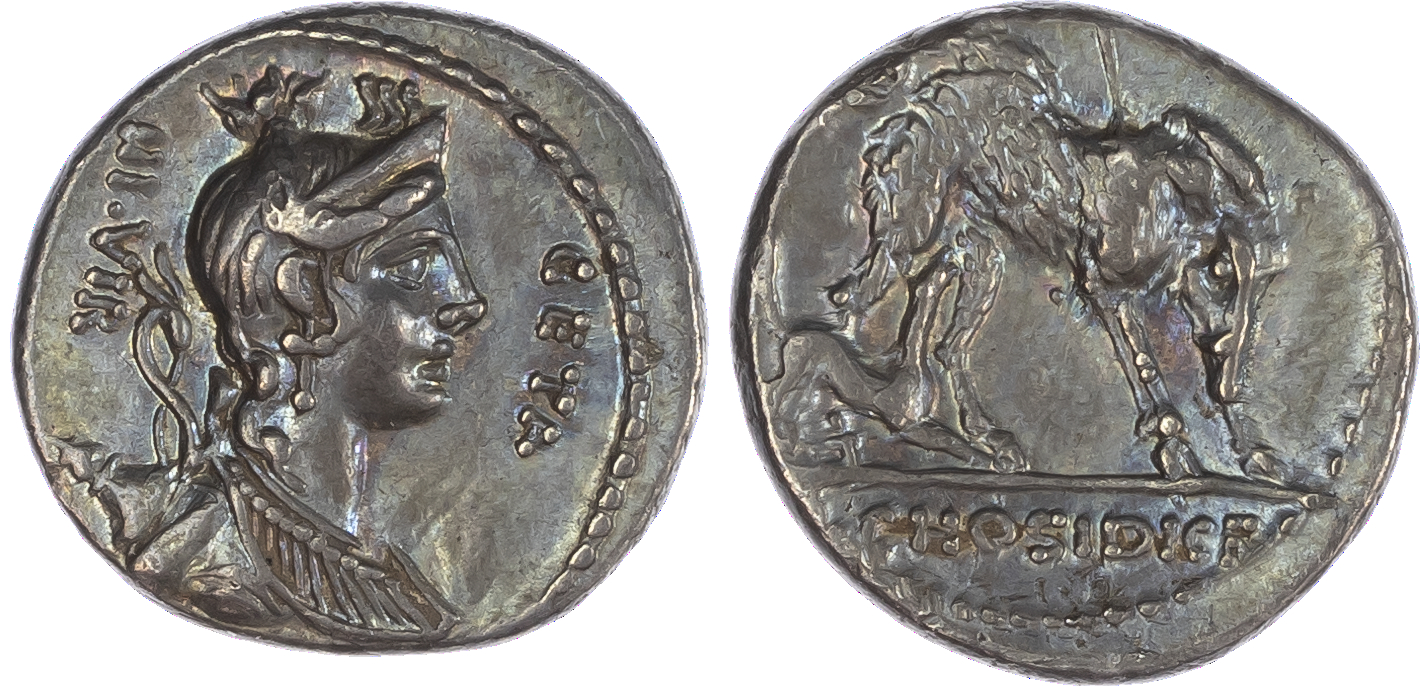 C. Hostidius C. f. Geta (68 BC) AR Denarius, Rome, 4.04g. GETA – III•VIR, draped bust of Diana facing right. Rev. Calydonian