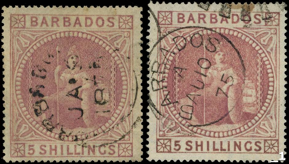 BARBADOS: 1873 5s dull rose, two examples, one with double-arc datestamp, 