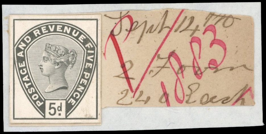 GB 1883-84 5d (Die II) stamp sized die proof on DLR striking book piece, For SG 193