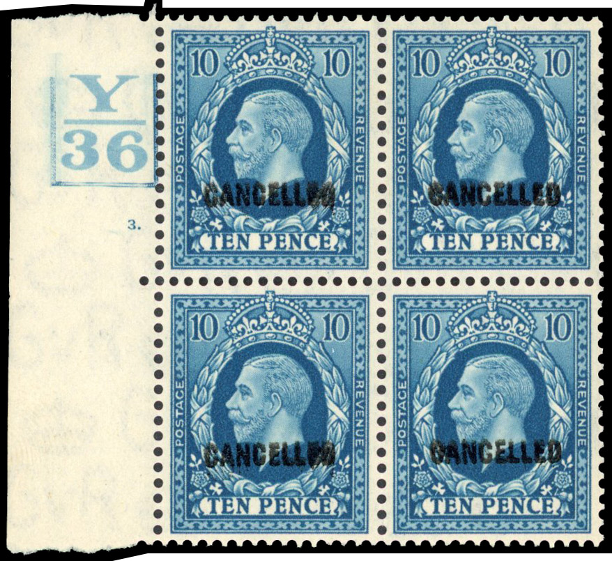Great Britain SG 448 in block of four optd CANCELLED