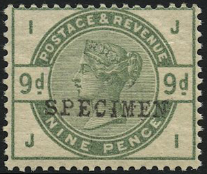 1883 9d Dull green. Very fine unmounted o.g. example lettered JI, overprinted "SPECIMEN" type 9. Lovely deep...