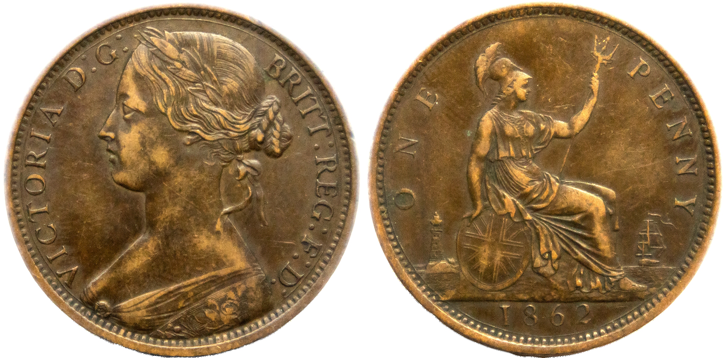 Victoria (1837-1901), Penny, 1862, b of britt over r. 