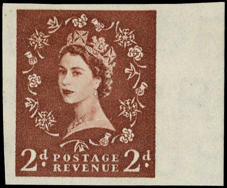 GB: 1955 2d red-brown r/h marginal imperforate single from the Dartford P.O. sheet