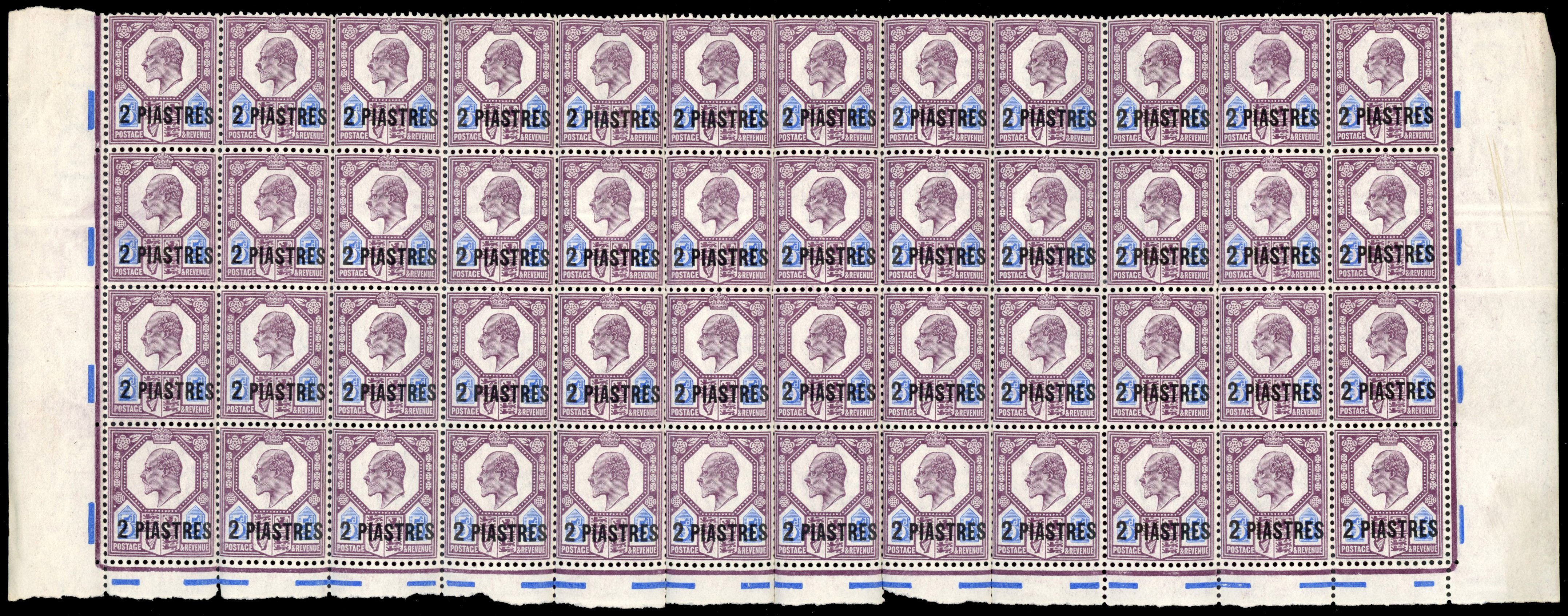 BRITISH LEVANT 1909 30p on 1½d sheet of 120 and 2pi on 5d block of 48 mint never hinged