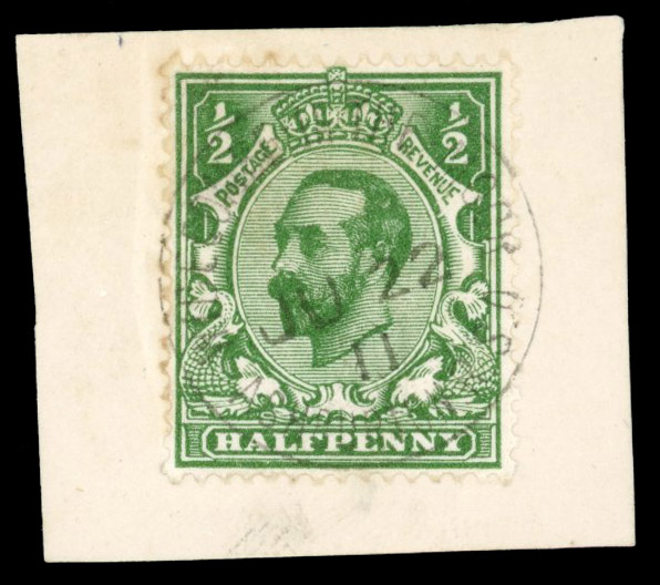 GB: 1911 1d bluish green used neatly tied to small piece by day of issue cds