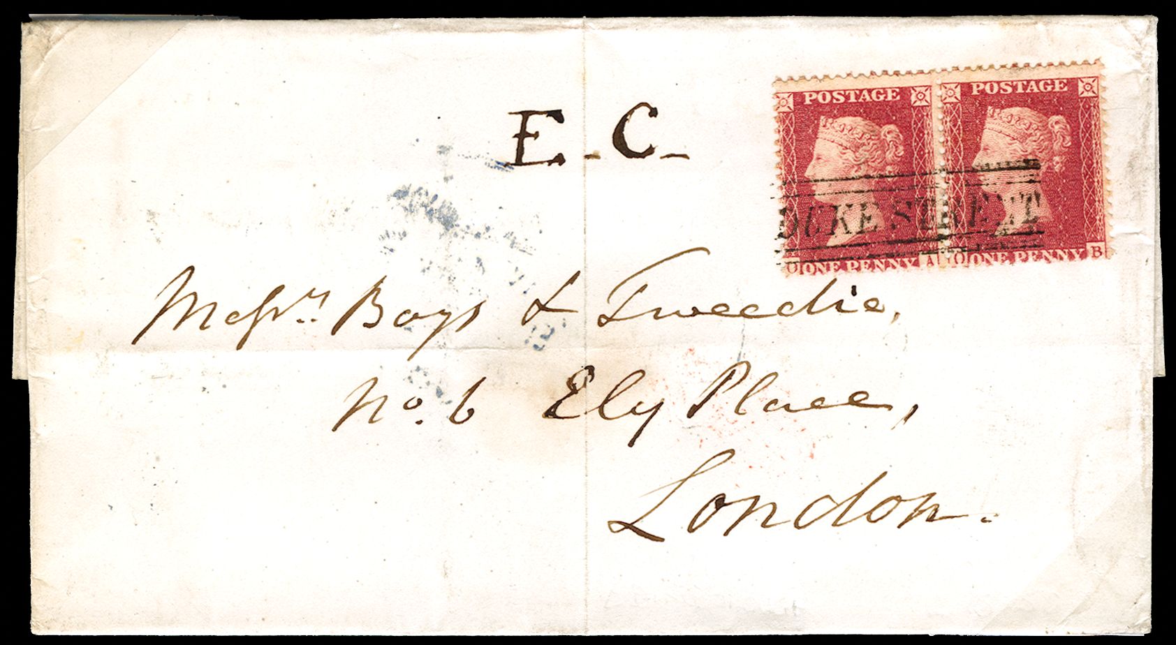1858 1d Rose-red Pl.55. Very fine wrapper sent from Duke Street, Edinburgh to London bearing a horizontal pair of 1d...