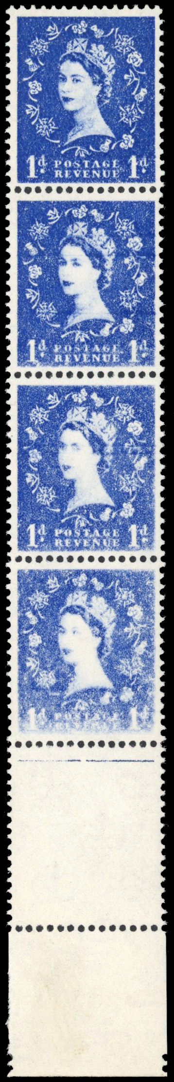 GB: 1959 Multiple Crowns 1d ultramarine, cream paper, mint unmounted lower marginal strip of five with stunning dry print