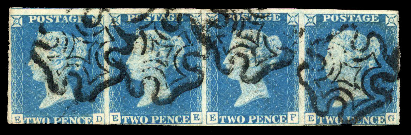 1840 2d blue, Plate 1 (ED-EG), strip of four with slightly cut-into to huge margins showing parts of next stamp