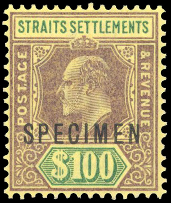 Straits Settlements 1902-03 $100 purple and green/yellow optd SPECIMEN