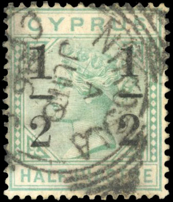 Cyprus 1886 '½' on ½pi emerald-green, with R.2/5 large '1' at left, SG 28a