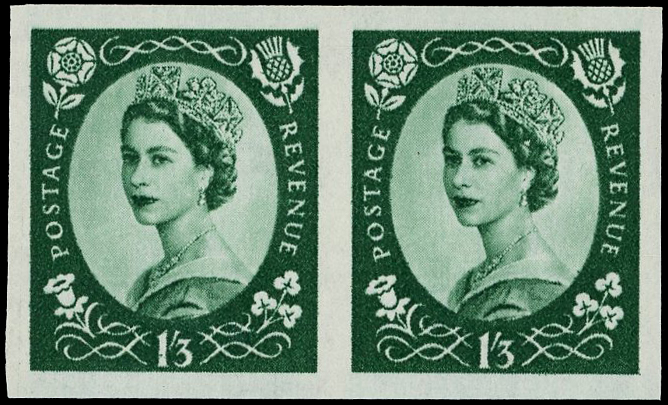 1958-65, watermark Crowns, 1s3d green, whiter paper, horizontal imperforate imprimatur pair