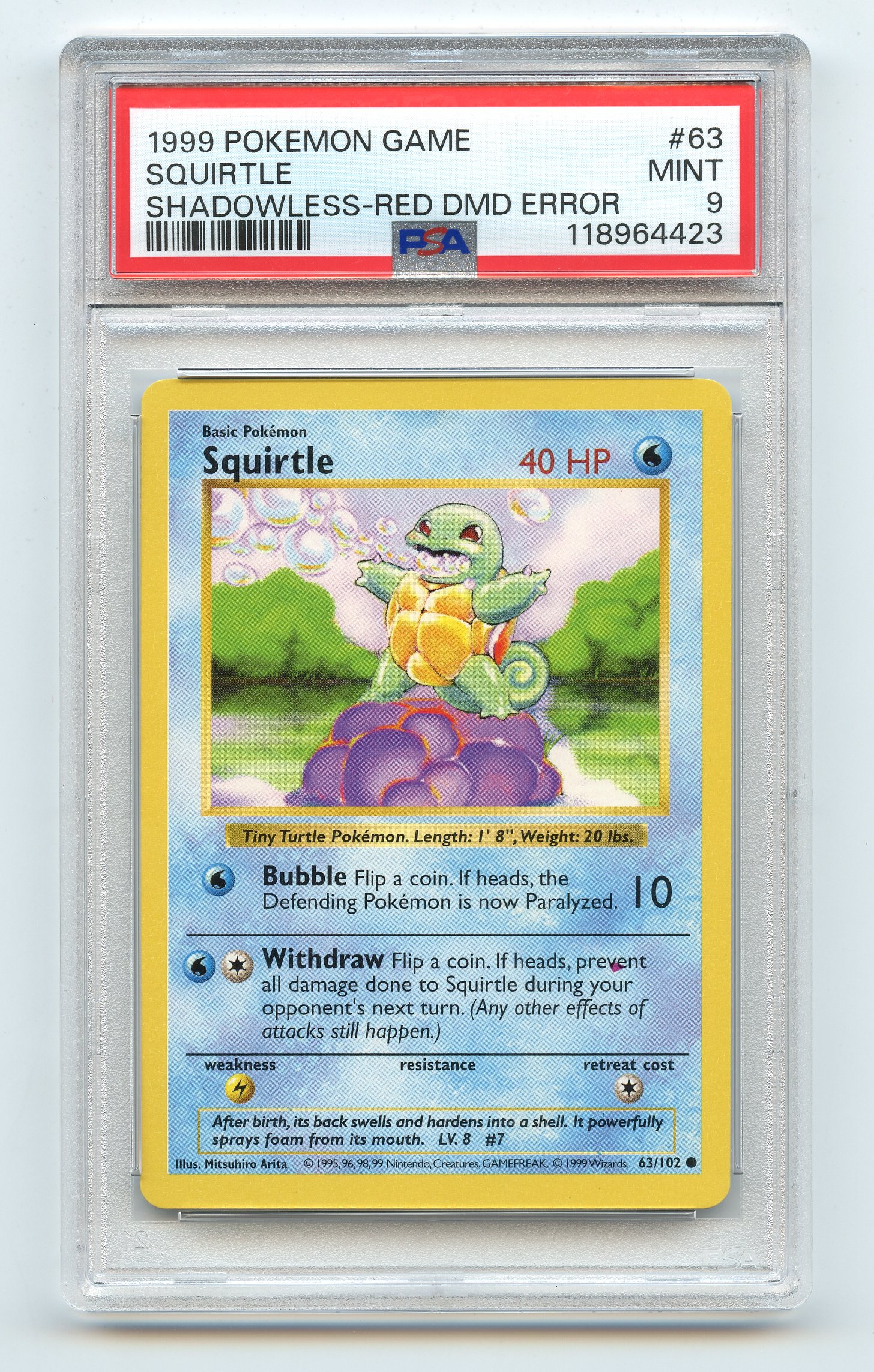 PSA 9 Squirtle #63 Shadowless Red Diamond Error Base Set