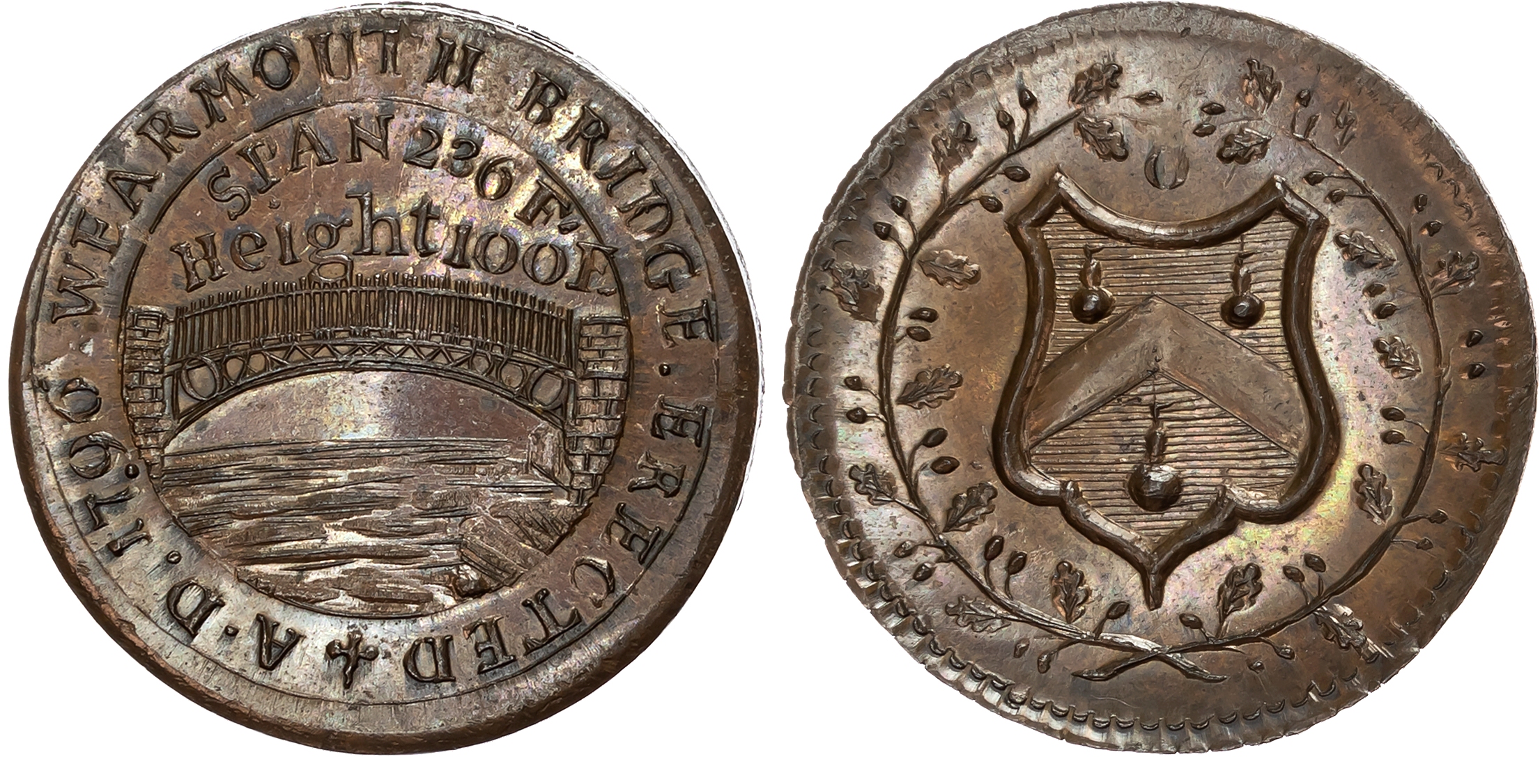 Co. Dur. Sunderland, Rowland Burdon, Prattent’s Halfpenny 1796, View of iron-bridge at Wearmouth, rev . arms of Robert O …