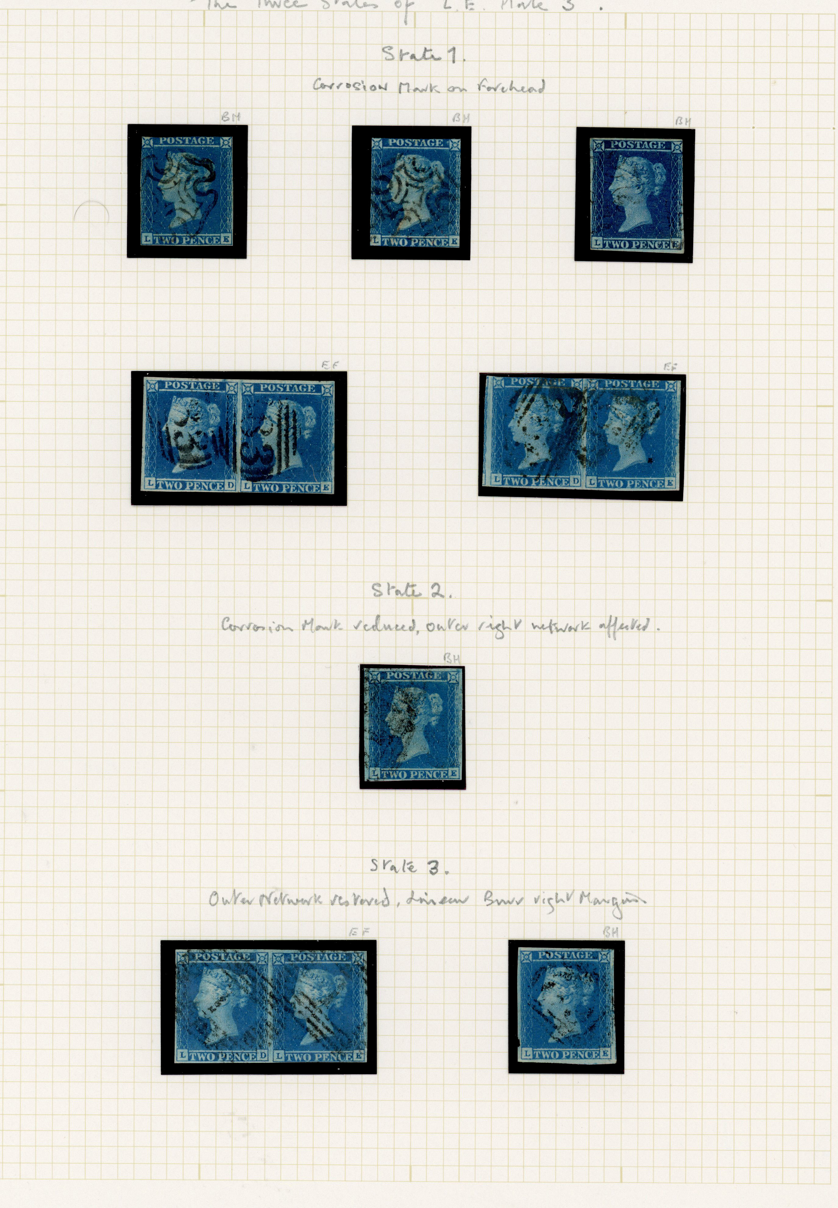 1841 2d Blue Pl.3 (State I, II & III). A fine study of the three states