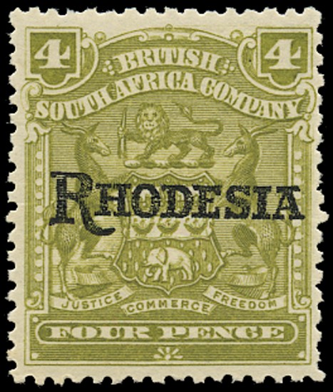 1909-12 4d olive, variety No stop after "RHODESIA",...