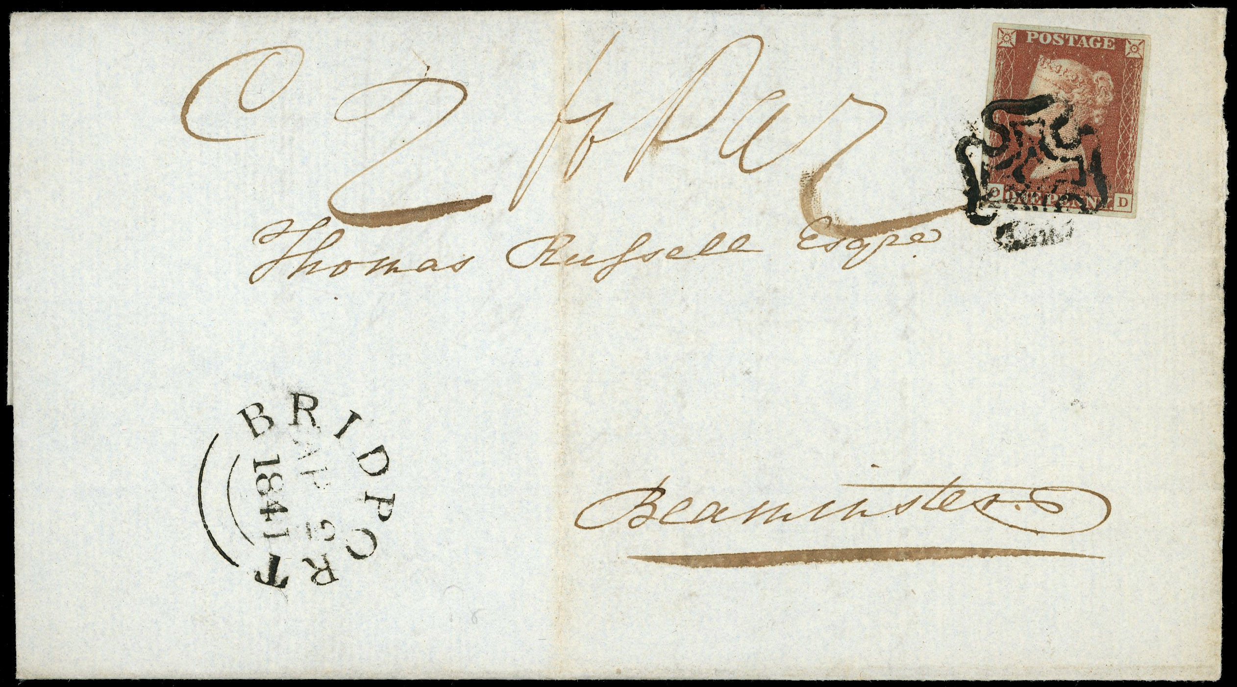 1841 1d Red-brown ‘Black Plate’ Pl.8. (OD). underpaid entire