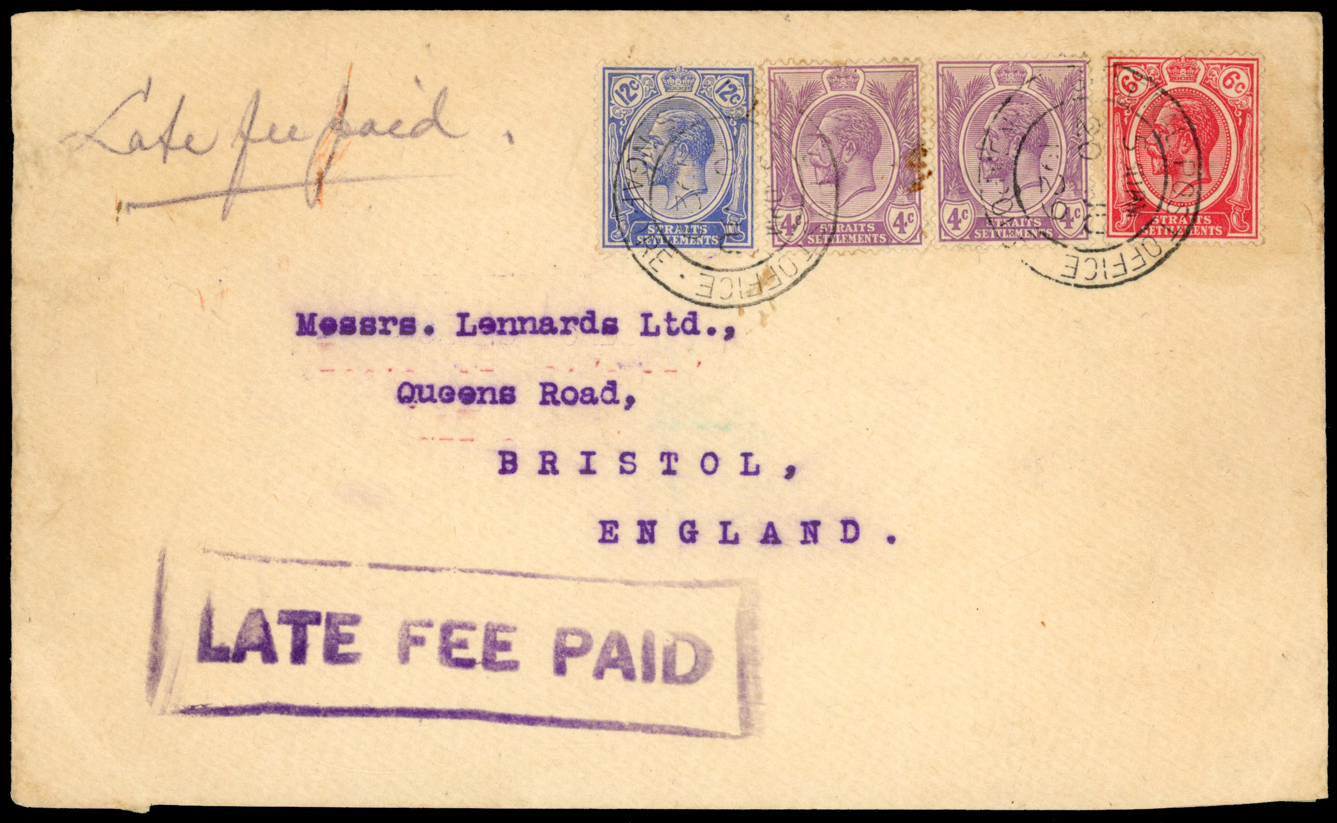 Singapore 'LATE FEE PAID' instructional marking 1929 (20 June) registered cover to England