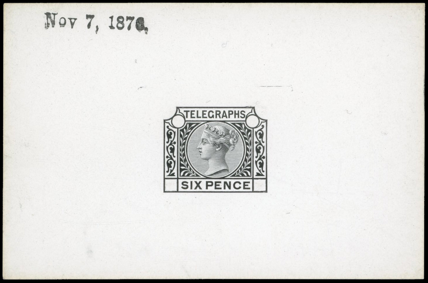 GB Telegraphs. 1876 6d die proof in black on white glazed card For SG T6.