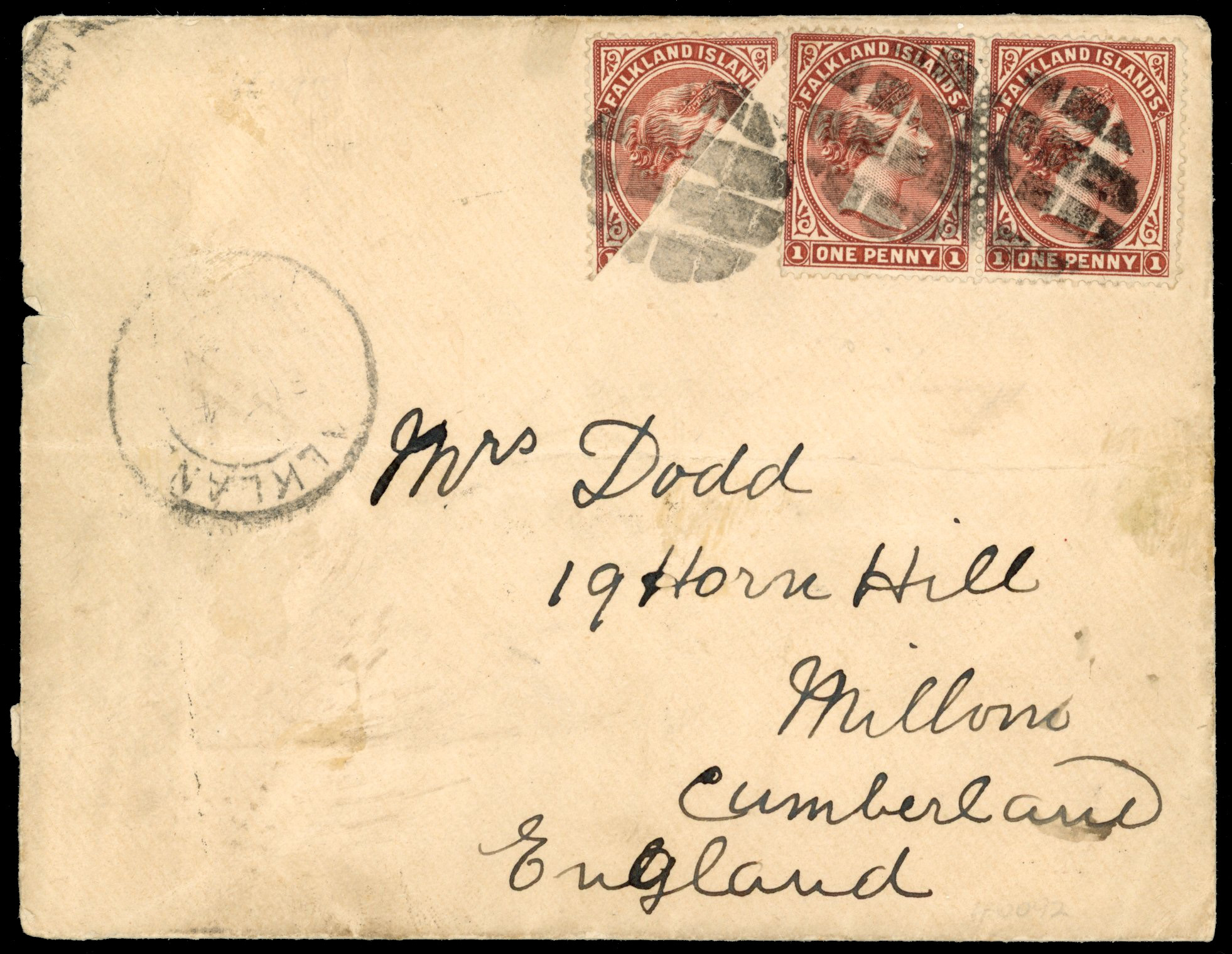 Falkland Islands SG 11a 1d red-brown bisect cover