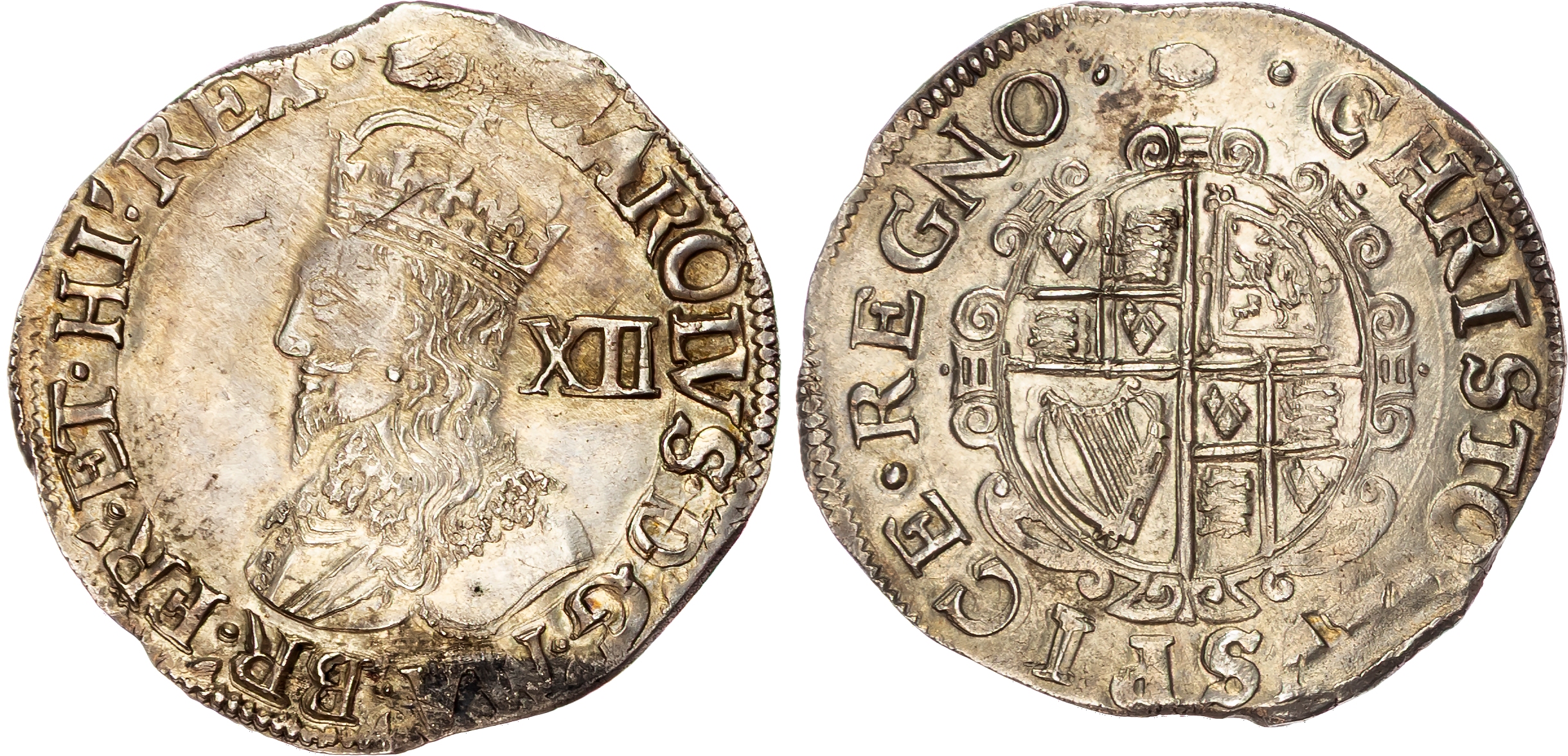 Charles I (1625-1649) Shilling, Tower Mint, Group D, fourth bust type 3a, no inner circles, mintmark tun both sides.