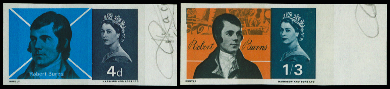 GB 1966 4d-1s3d Burns Commemoration (Phosphor). Superb unmounted o.g. right hand marginal set of two … SG685/6pvar