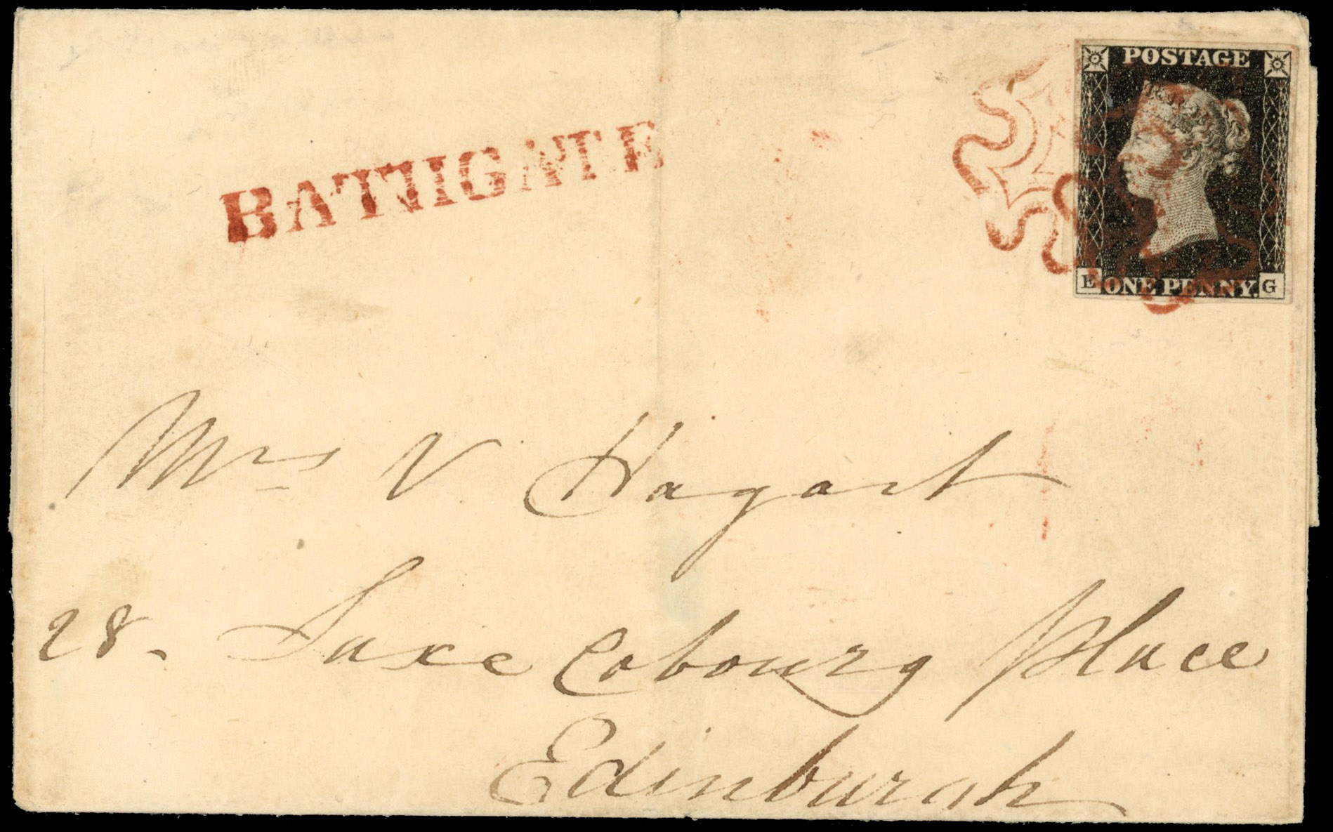 GB 1840 1d black, plate 2 on cover to Edinburgh