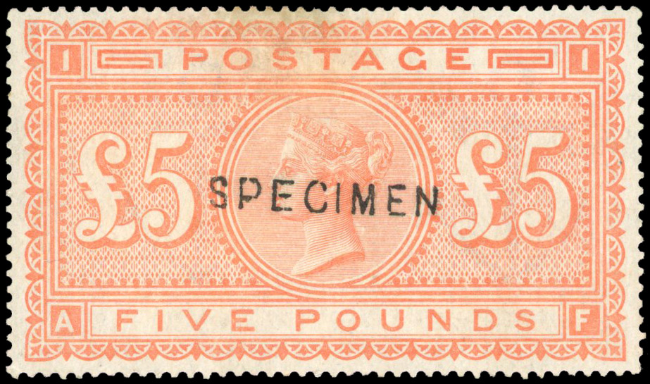 1882 £5 orange overprinted “SPECIMEN” type 11, fine large part o.g. SG 133s