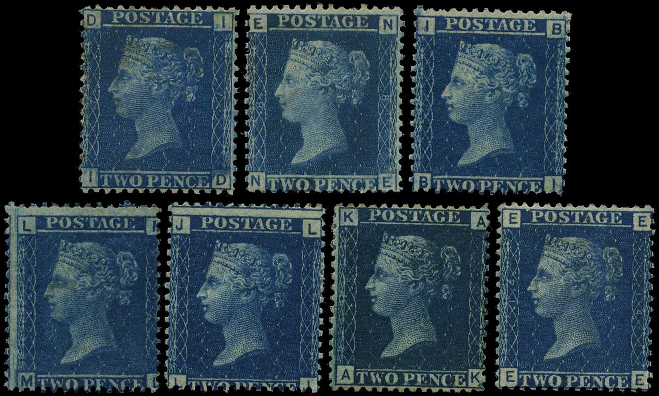 1858-76 2d blue set of all seven plate...