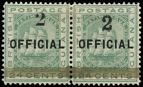 BRITISH GUIANA SG 157a 1881 (28 Dec) "2" on 24c em-grn, horiz pair types 23 + 24 se-tenant, pog