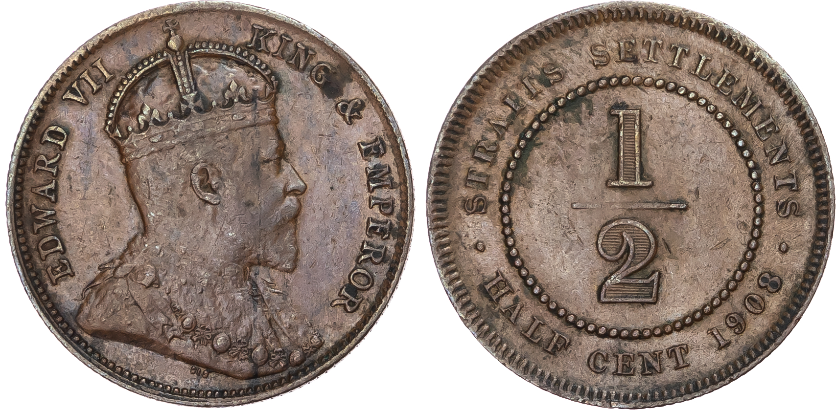 Straits Settlements, British Colonial. Edward VII CU 1/2 Cent. 1908. 