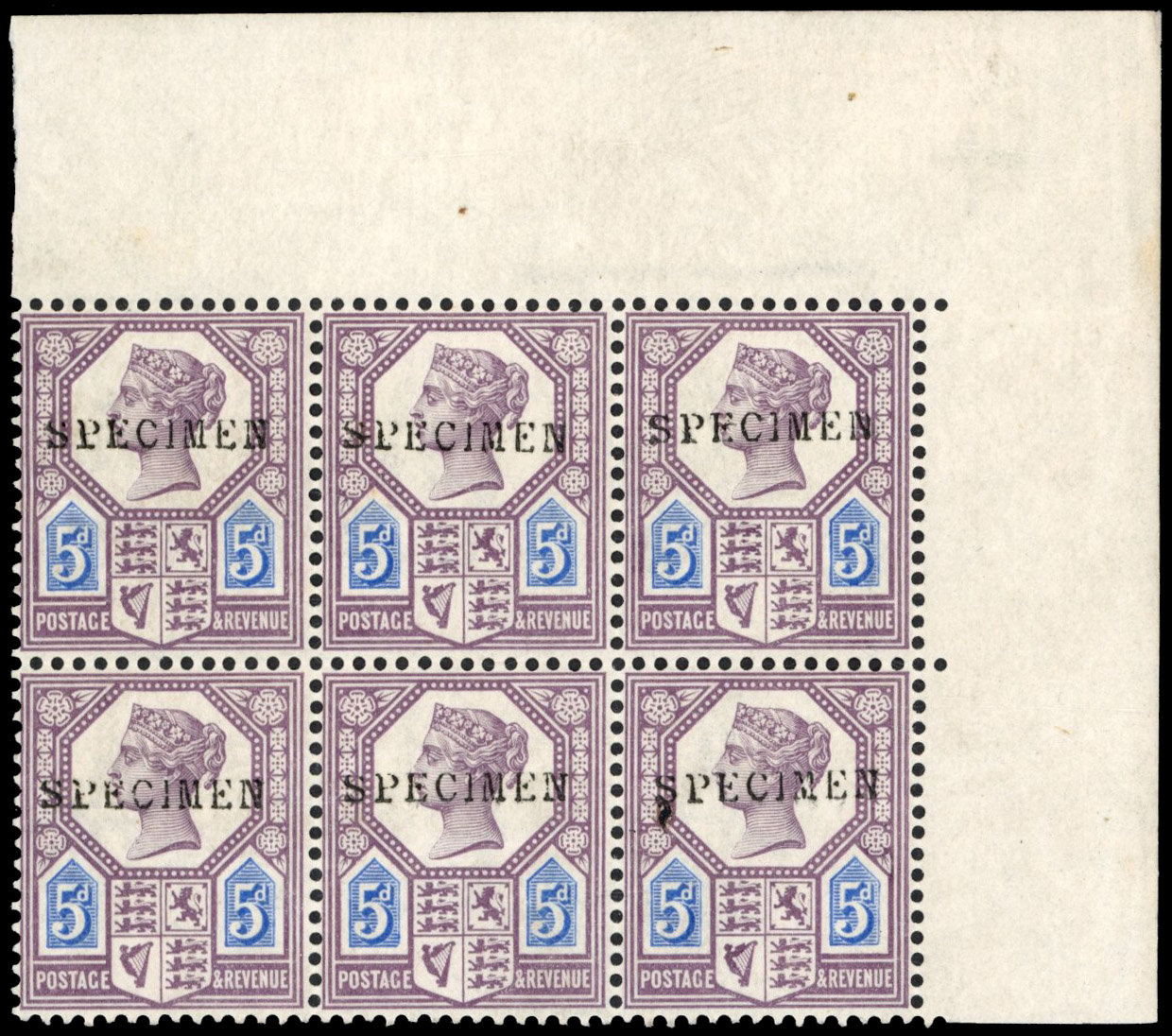 GB 1887-92 5d dull purple and blue, Die I, block of six optd ‘SPECIMEN’, SG 207s