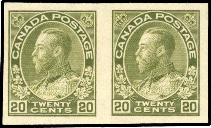 Canada SG 212 var 1911-22 20c olive-green IMPERFORATE PAIR mint