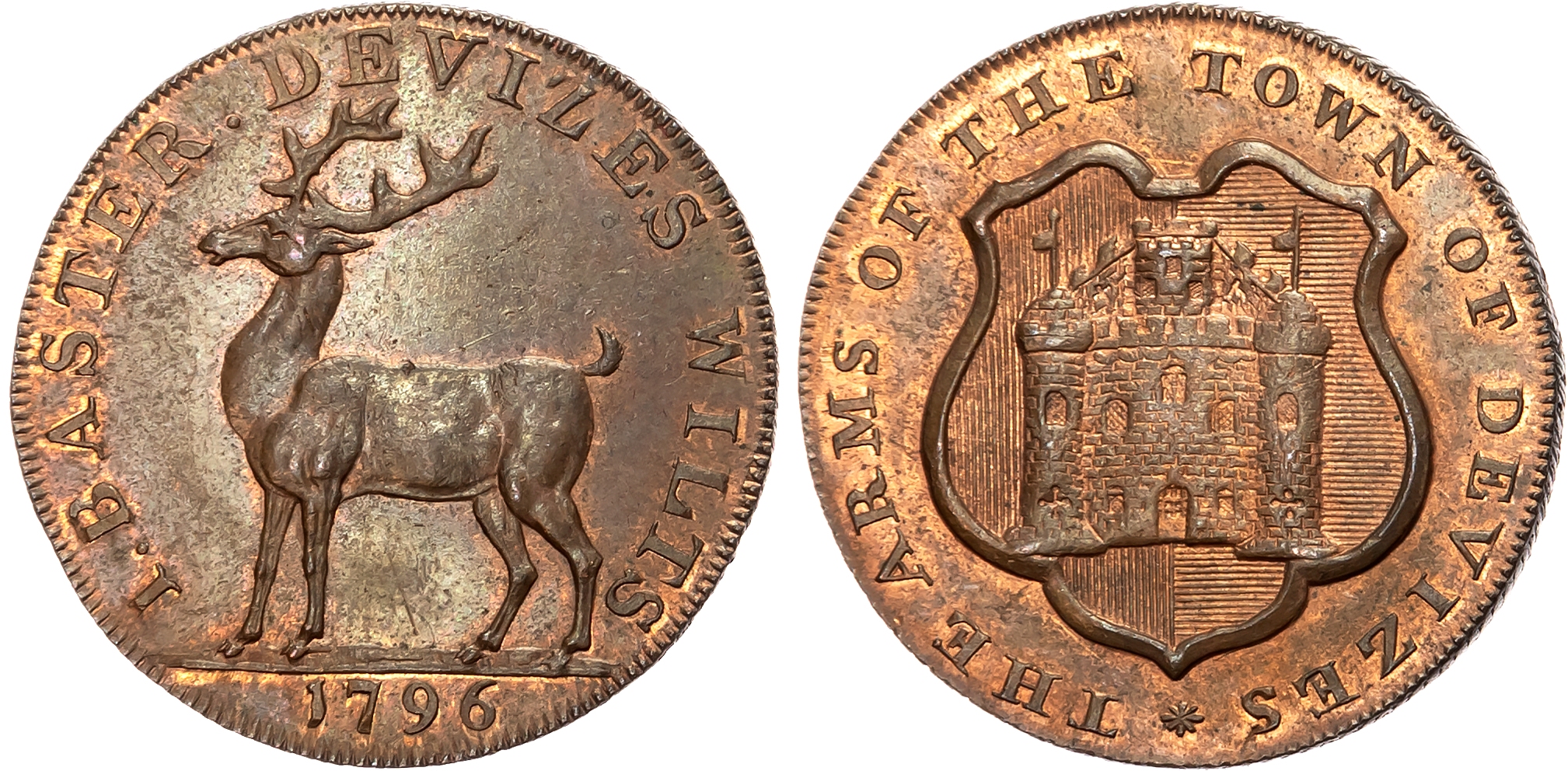 Wilts. Devizes , Joseph Baster (breeches and glove maker) Halfpenny 1796, Arms of Devizes , rev. Stag standing left, edg …