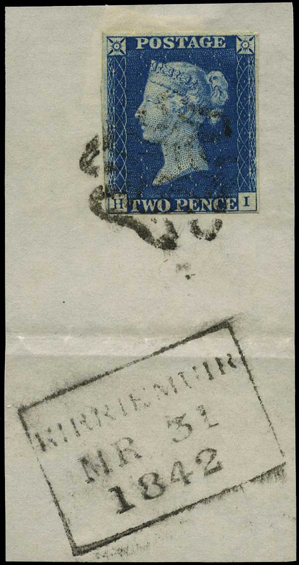 1842 2d blue plate 1 (HI) 4 margins, on...