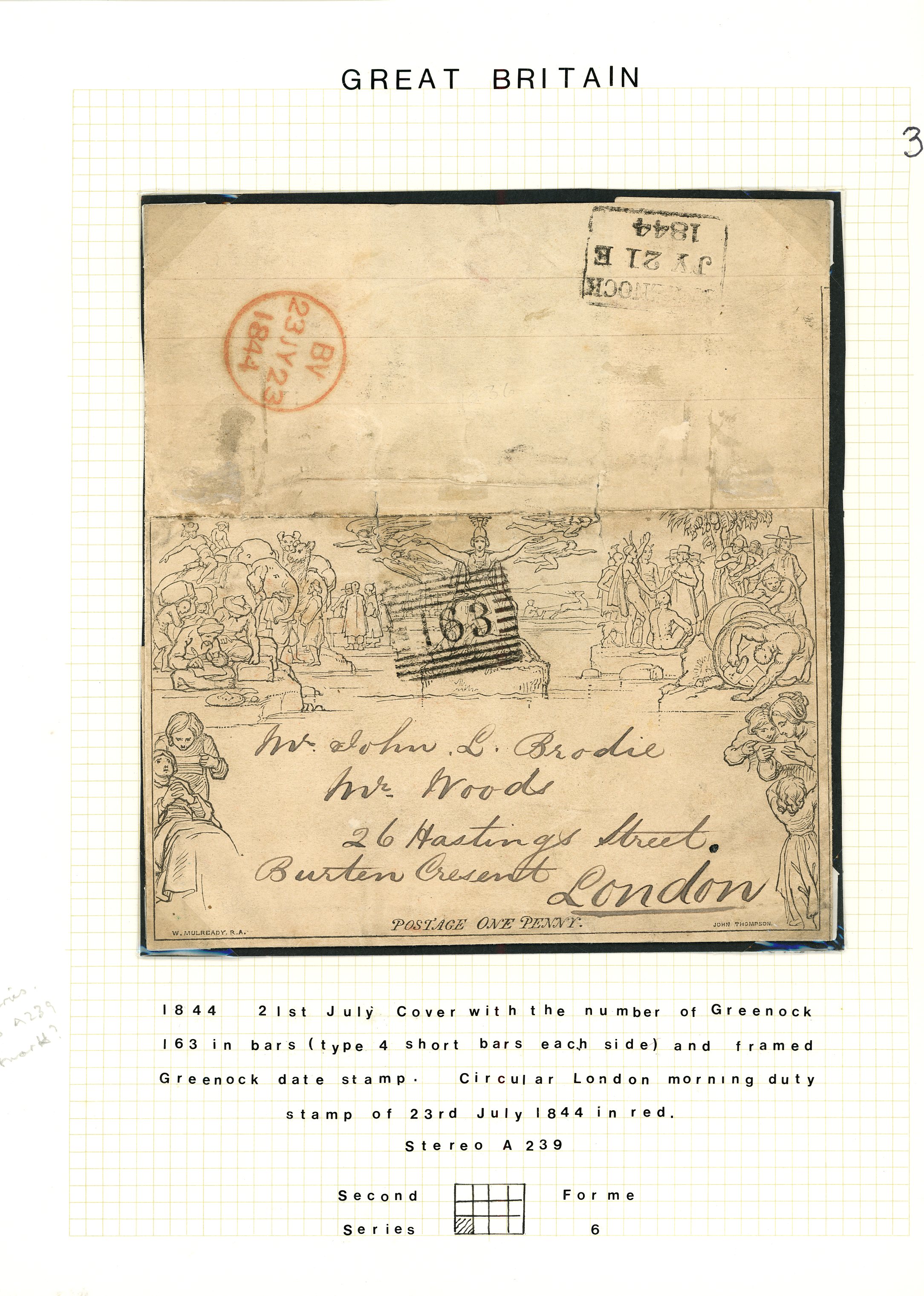 1840 Mulready 1d wrappers (3), all late usage 