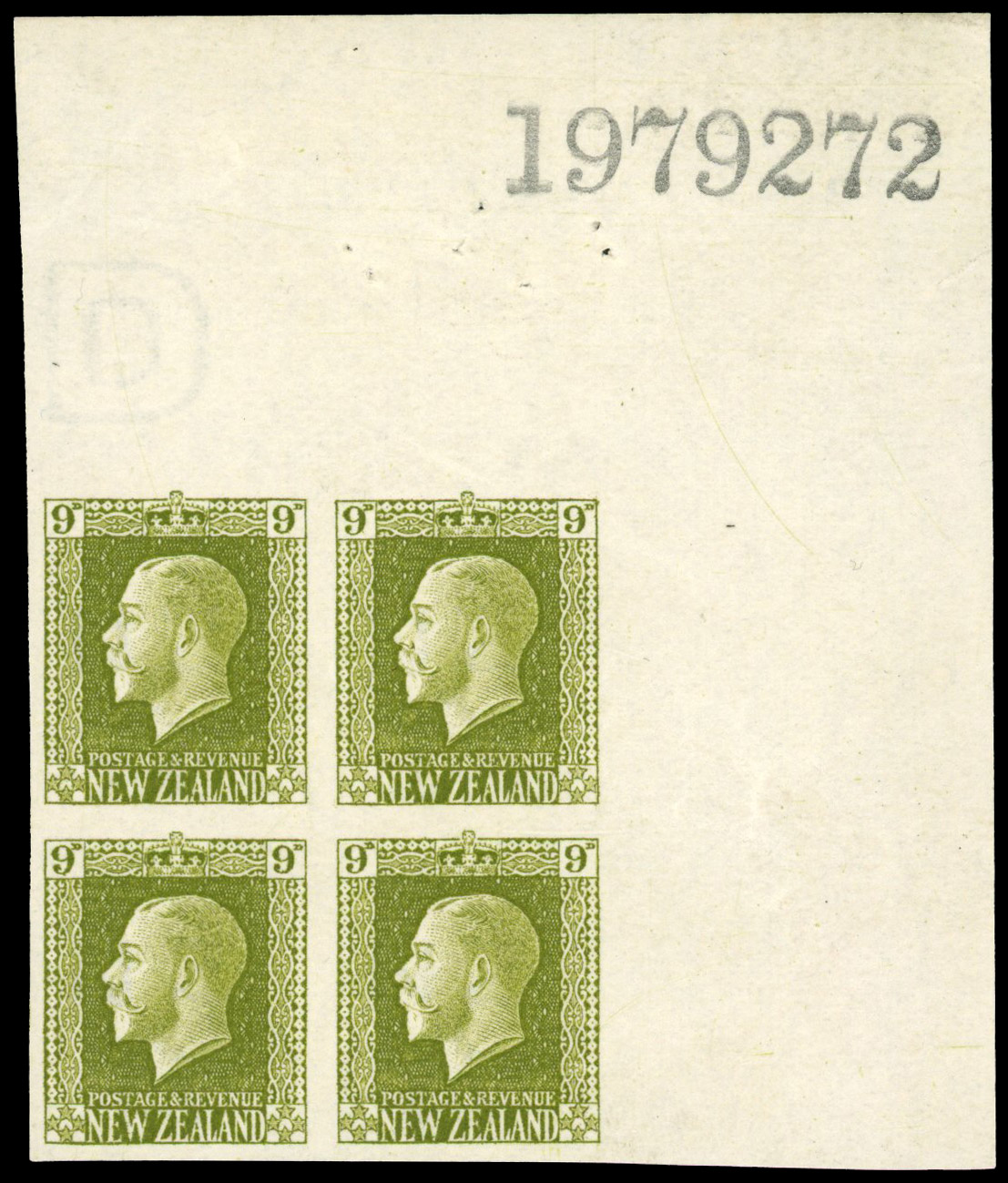 New Zealand SG 429a 1915-30 9d error imperforate corner block of 4 mint