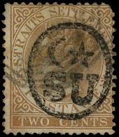 1878 2c brown of Straits Settlements handstamped Type 1 in black, lightly used, rounded top right corner and a little...