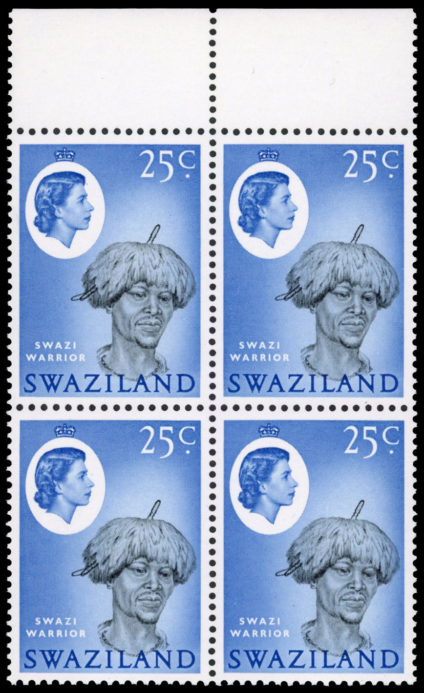 SWAZILAND: 1962 25c Warrior, top marginal block of 4 watermark inverted, fine unmounted o.g. SG 102w