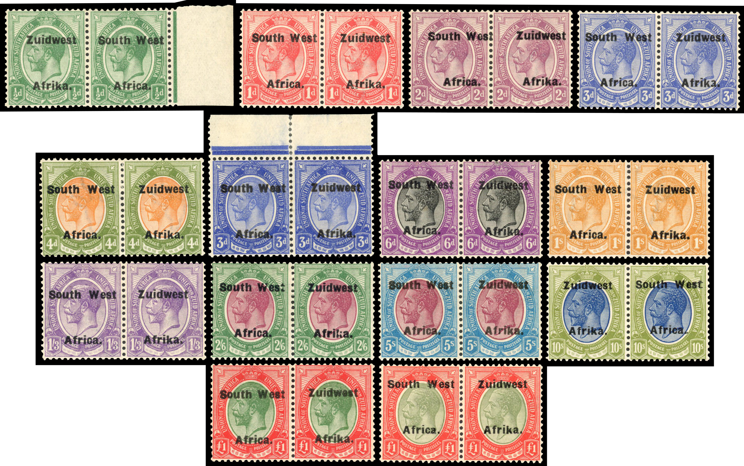 SWA South West Africa 1923-26 Setting IV ½d to £1 set of twelve plus S.G. 40a S.G. 29/40
