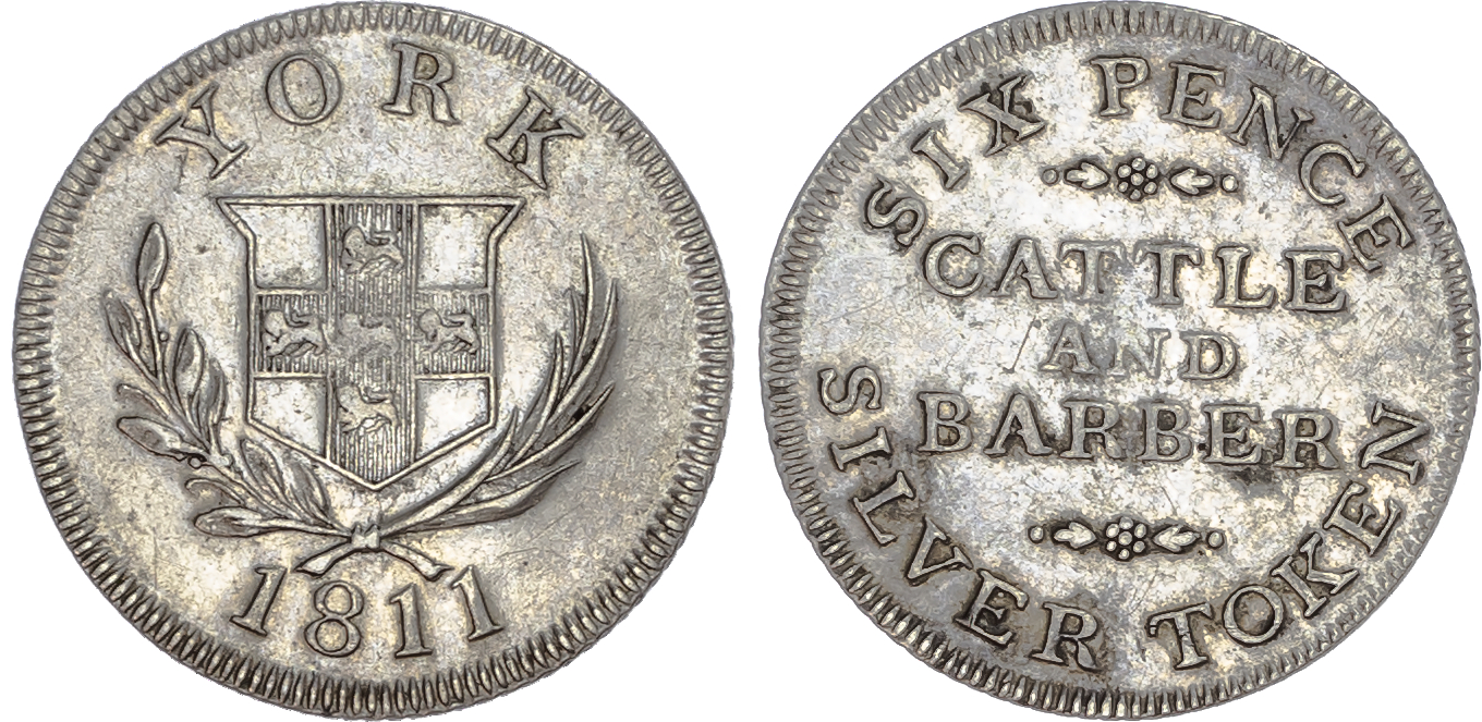 Yorkshire, York. Cattle and Barber, silver sixpence, 1811. 