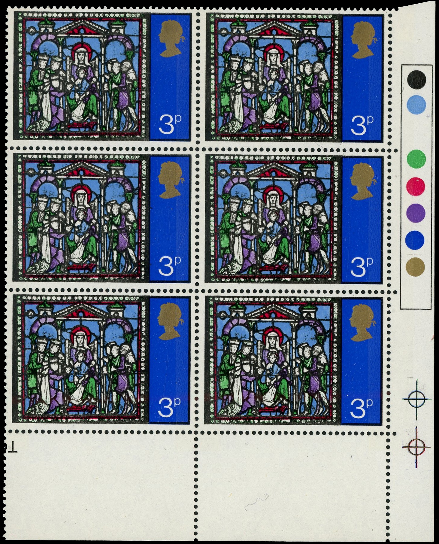 1971 Christmas 3p, lower right corner marginal traffic light block of six, error