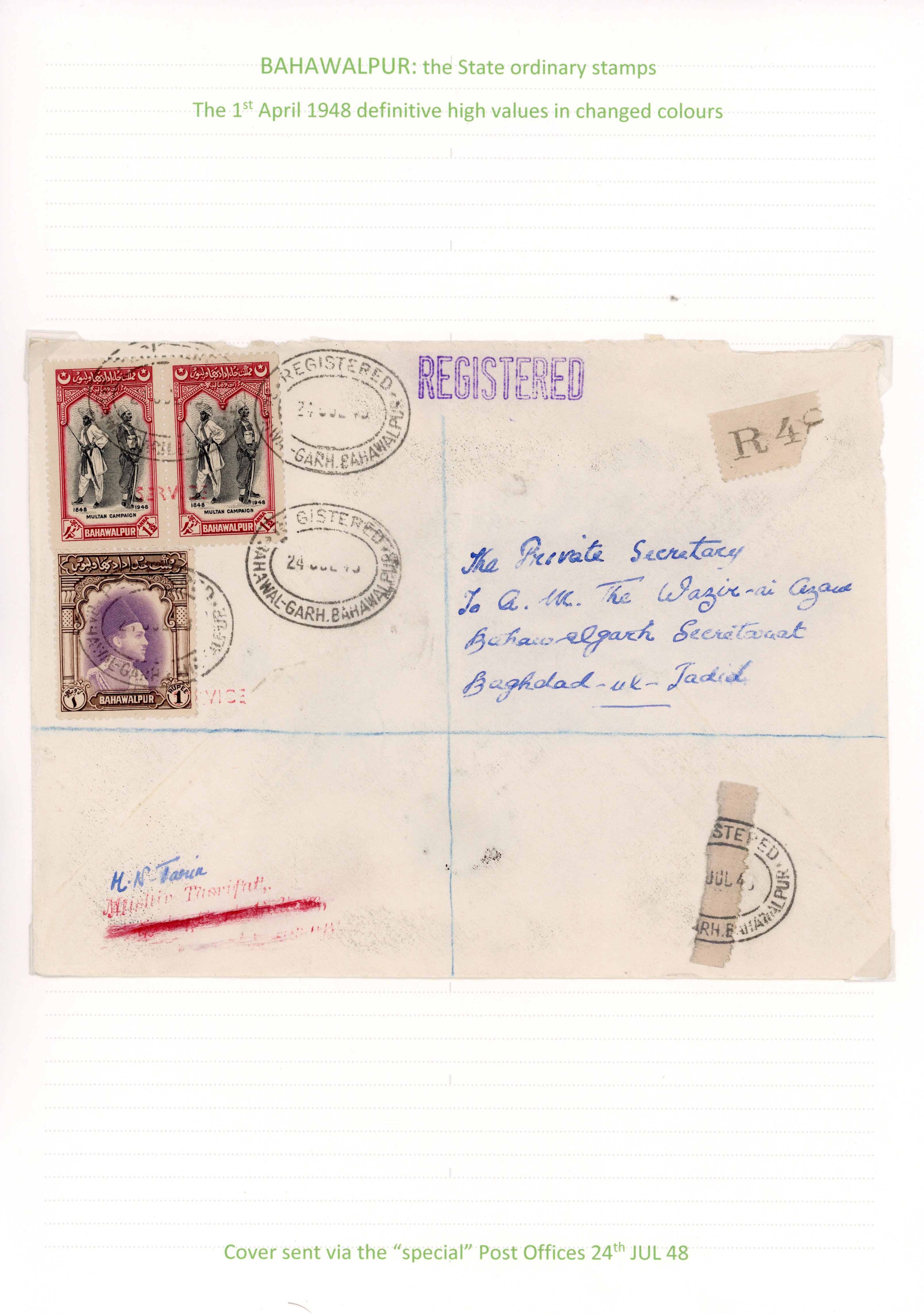 Bahawalpur SG 29, 34 cover with SERVICE overprints on the stamps