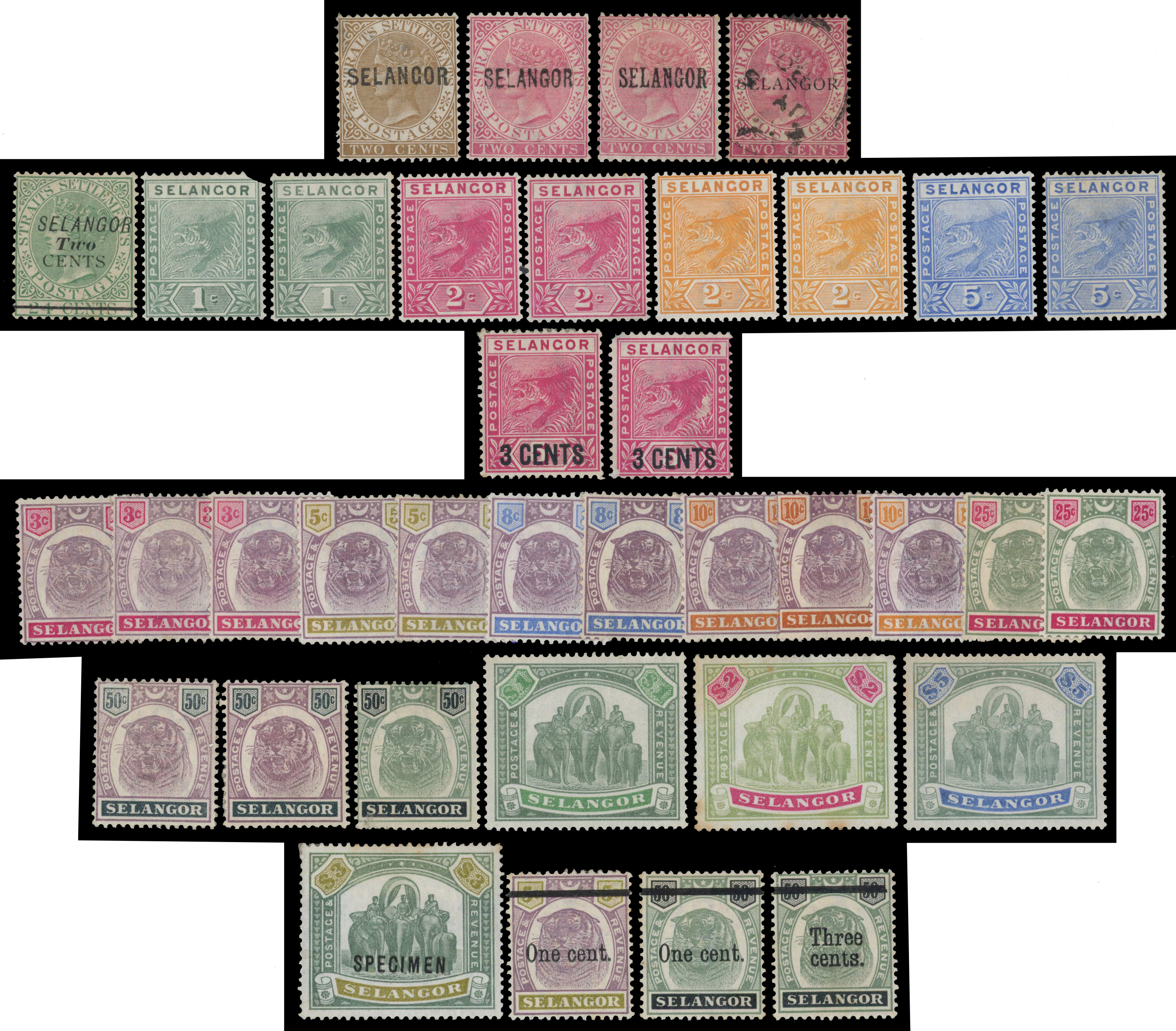 Malaya-Selangor: Mint on card including 1881 2c type 3, 1883 2c (2), 1891 2c on 24c type 35, 1891 to 5c (2), 1895 to 50c