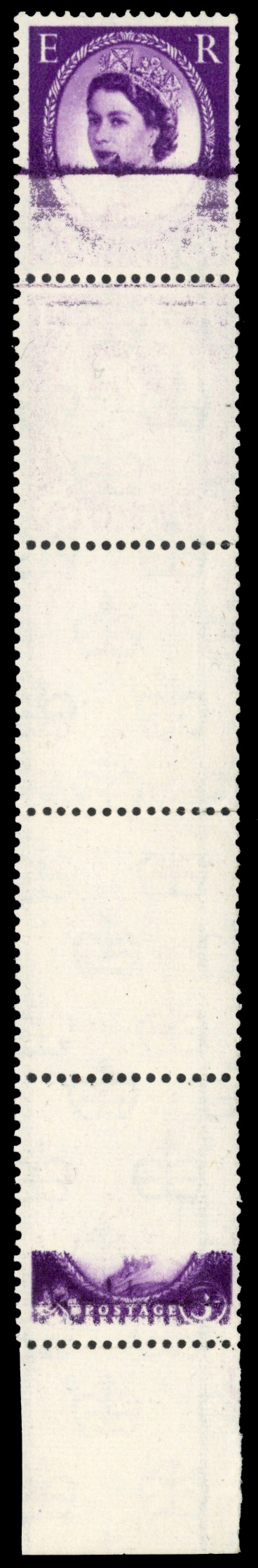 GB: 1957 Graphite-lined 3d deep lilac mint unmounted lower marginal strip of five showing spectacular progressive dry print