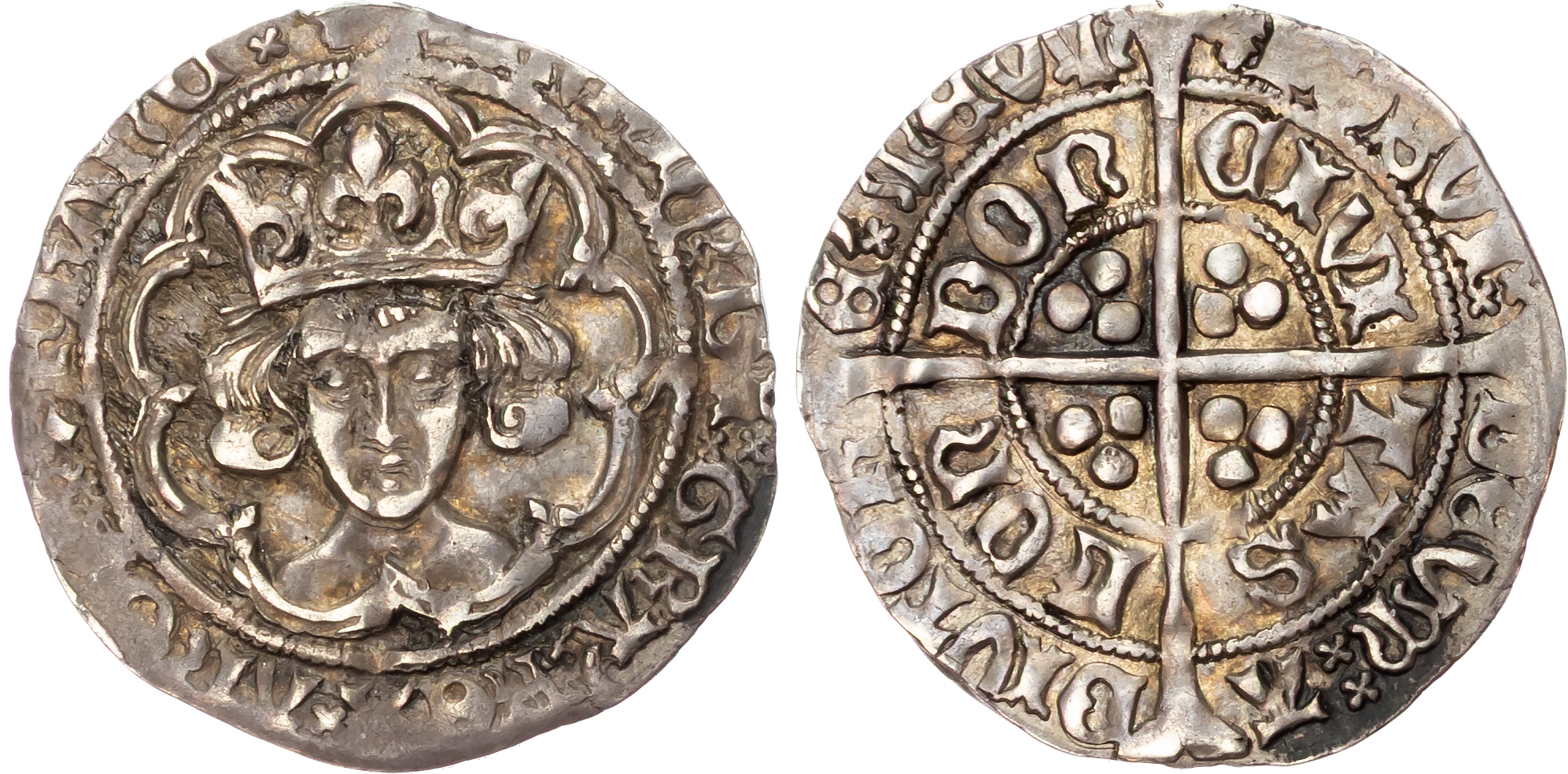 Henry VII (1485‑1509), AR Groat, 2.96gm., class I, London, mm: halved lis and rose (1485‑1487). 