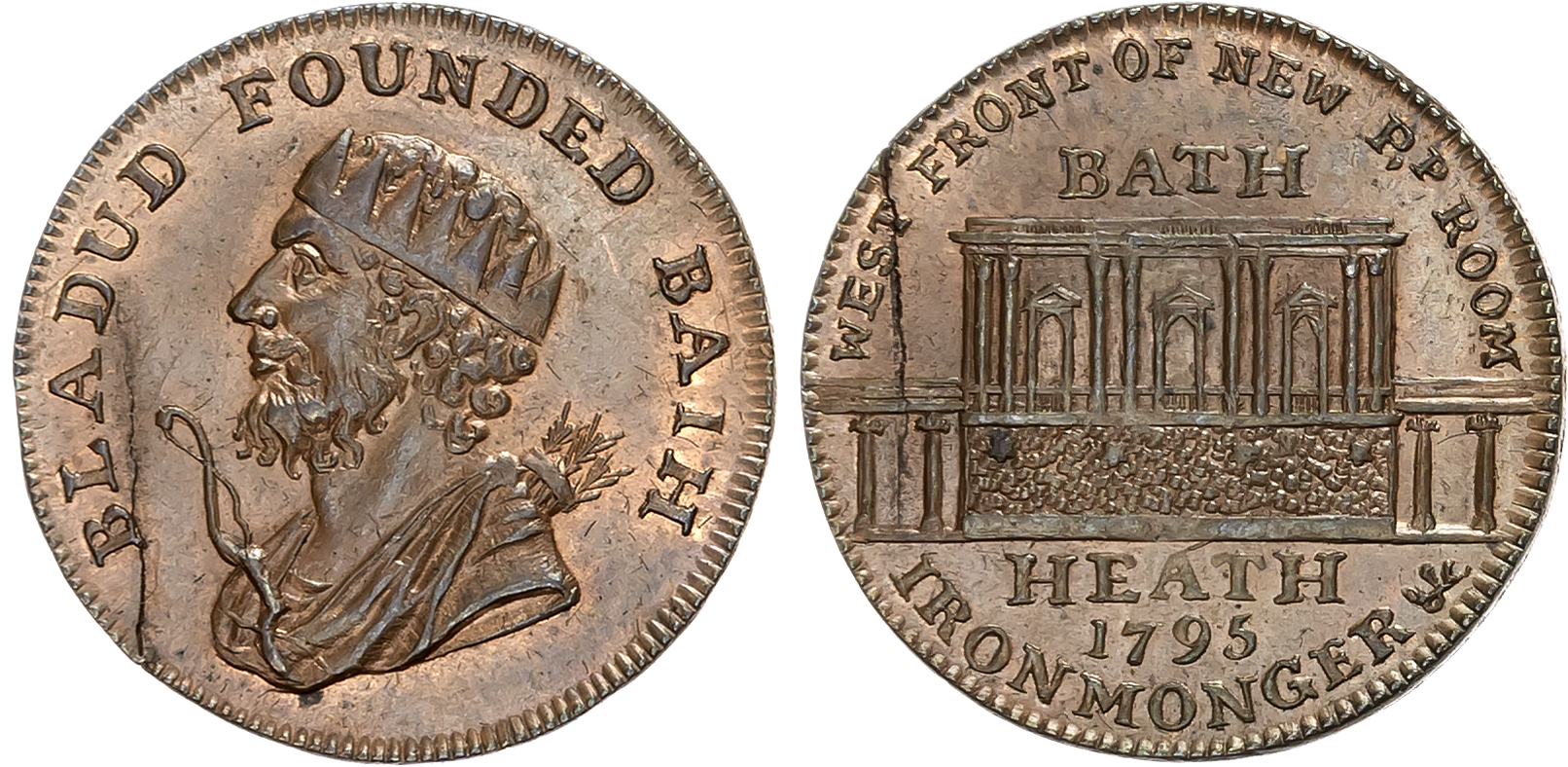 Som. Bath , Francis Heath Farthing 1795, Bust left of Bladud, rev. West front view of the New Pump Room, edge plain, 23m …