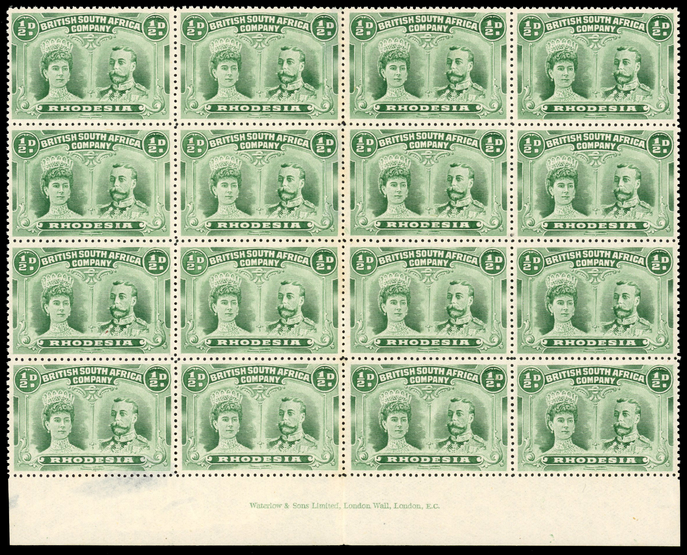 Rhodesia 1910-13 ½d bluish green perf 14 imprint block of 16