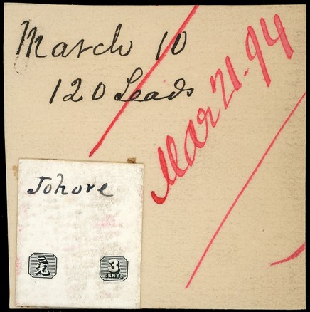 1891-4 series Die Proof of the 3c value tablets cut to stamp size and mounted on thin card from the printer's record book,...